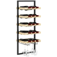HOMCOM Raft de Perete pentru Sticle din Lemn și Oțel, Suport pentru 15 Sticle de Vin și 4 pahare, 35x25x86 cm, Natural(m-1)