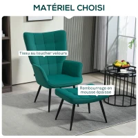 HOMCOM Fauteuil relax avec repose-pieds assorti style scandinave piètement métal noir revêtement aspect velours - Vert(m-4)