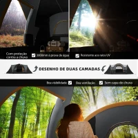 Outsunny Tenda de Campismo para 4-5 Pessoas Impermeável + Anti UV com Bolsa de Transporte e Gancho para Luz 455x230x180cm Cinza e Preto(m-4)