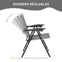 Outsunny Ensemble de jardin 3 pièces 2 chaises inclinables multi-positions pliables table ronde verre trempé métal textilène gris(m-4)