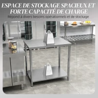 HOMCOM Table de travail en acier inoxydable 2 étagère, pour cuisine, garage, jardin, 90 x 60 x 86 cm, argenté(m-5)