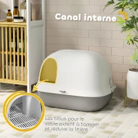 PawHut Bac à litière pour chat maison de toilette chat avec porte pelle toit avant ouvrant 58 x 46 x 39 cm gris clair et blanc(m-5)