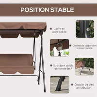 Outsunny Balancelle de jardin 3 places toit inclinaison réglable coussins 172 x 110 x 153 cm acier noir polyester marron(m-5)