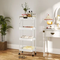 HOMCOM Carrinho Auxiliar com Rodas de 4 Níveis Carrinho de Cozinha com 1 Gaveta e 3 Cestos Carrinho Organizador 45x29,5x117,5 cm Branco(m-8)