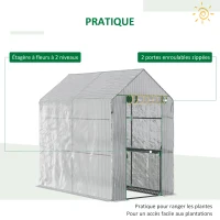 Outsunny Serre de jardin PE avec étagère 2 niveaux, serre de balcon, bâche renforcée 140 g/m², châssis en acier, porte zippée enroulable, pour légumes plantes fleurs, 186 x 120 x 190 cm, blanc(m-5)