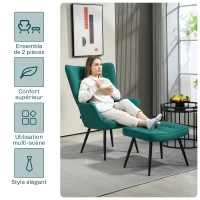 HOMCOM Fauteuil relax avec repose-pieds assorti style scandinave piètement métal noir revêtement aspect velours - Vert(m-6)