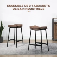 HOMCOM Lot de 2 tabourets de bar avec repose-pieds acier style industriel assise incurvée 48,5 x 38,5 x 68,5 cm marron noir(m-4)