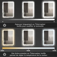 HOMCOM Miroir de salle de bain rectangulaire LED fonction anti-buée luminosité réglable fonction mémoire 70 x 50 cm argent(m-5)