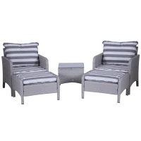 Outsunny 5 Pieces PE Rattan Garden Furniture Set with 10cm Thick Padded Cushions, Wicker Weave Outdoor Seating Chairs with 2 Armchairs, 2 Stools, Glass Top Table, Grey and White(m-11)