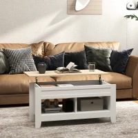 HOMCOM Mesa de Centro com Bancada Elevável 2 Compartimentos Abertos Bancada de Madeira 105x50x49 cm Branco e Madeira(m-2)