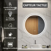 kleankin Miroir rond lumineux LED de salle de bain Ø 70 cm mural avec éclairage 3 couleurs interrupteur tactile 23W blanc argent(m-4)