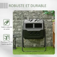Outsunny Composteur de Jardin - bac à Compost pour déchets - Rotatif 360° - Double Chambre 160 L - Acier PP Noir(m-4)