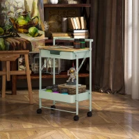 HOMCOM Carrinho Auxiliar com Rodas de 2 Níveis Carrinho de Cozinha com 1 Gaveta e 1 Cesto Carrinho Organizador 45x29,5x68 cm Verde Claro(m-9)