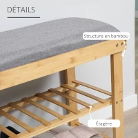 HOMCOM Meuble à Chaussures Banc à Chaussures 2 étagères Coussin Gris intégré Bambou(m-5)