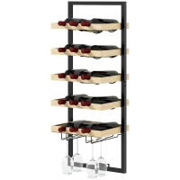 HOMCOM Raft de Perete pentru Sticle din Lemn și Oțel, Suport pentru 15 Sticle de Vin și 4 pahare, 35x25x86 cm, Natural(m-10)