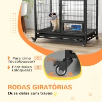 PawHut Gaiola para Cães com Parte Superior Rebatível Suporte de Tigelas Bandeja Amovível Rodas e Porta Dupla 92x62x73 cm Preto(m-9)