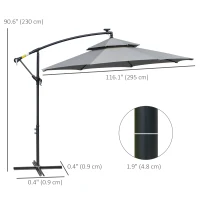 Outsunny 3(m) Cantilever Banana Parasol Hanging Umbrella with Double Roof, LED Solar lights, Crank, 8 Sturdy Ribs and Cross Base for Outdoor, Garden, Patio, Light Grey(m-3)