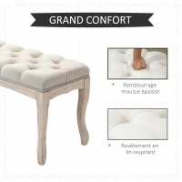 HOMCOM Banc Banquette capitonnée Style Classique 110 cm Bout de lit Rembourrée en lin piètement Bois hévéa sculpté Lin Beige(m-4)