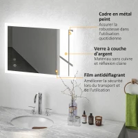 kleankin Miroir mural lumineux LED de salle de bain 70L x 50l cm 3 couleurs luminosité réglable interrupteur tactile transparent(m-7)