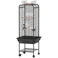 PawHut Gaiola para Pássaros com Rodas Poleiros Comedouros Prateleira e Bandeja Amovível 62,5x62,5x146 cm Cinza Escuro(m-10)