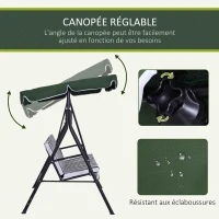 Outsunny Balancelle de jardin 3 places toit inclinaison réglable coussins assise et dossier acier noir polyester vert(m-4)