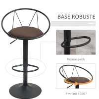 HOMCOM Lot de 2 tabourets de Bar Design néo-rétro réglable pivotant avec Repose-Pied métal Noir Lin Marron(m-6)