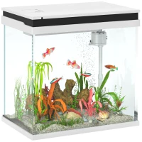 PawHut Acvariu de Sticlă pentru Pești cu Iluminare LED, Filtru și Pompă de Apă, 38x26x38 cm, Alb(m-1)