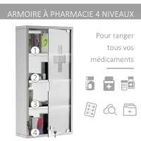 HOMCOM Armoire à Pharmacie 3 étagères 4 Niveaux 30L x 12l x 60H cm Porte Verre trempé Symbole Croix Acier Inoxydable brossé(m-4)