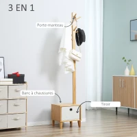 HOMCOM Meuble rangement avec tiroir porte-manteau banc 3 en 1 style scandinave polyester gris clair bois massif bambou(m-4)