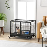 PawHut Gaiola para Cães com Parte Superior Rebatível Suporte de Tigelas Bandeja Amovível Rodas e Porta Dupla 92x62x73 cm Preto(m-2)