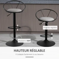 HOMCOM Lot de 2 tabourets de Bar Design néo-rétro réglable pivotant avec Repose-Pied métal Noir Lin Gris(m-5)