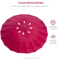 Outsunny Chapéu de Sol de Jardim Ø2,5x2,4 m com Manivela Manual Mastro Flexível Impermeável e 18 Varas para Exterior Vinho(m-6)
