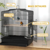 PawHut Gaiola para Pássaros 46,5x36x59 cm Gaiola de Metal para Pássaros com 2 Comedouros 2 Poleiros Baloiço Bandeja Amovível Preto(m-6)