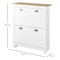 HOMCOM Meuble à chaussures 12 paires, armoire à chaussures étroite avec 2 tiroirs rabattables et étagères réglables, poignées coquilles métal, pour couloir, entrée, 79 x 23 x 90,5 cm, blanc et chêne(m-3)
