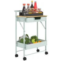 HOMCOM Carrinho Auxiliar com Rodas de 2 Níveis Carrinho de Cozinha com 1 Gaveta e 1 Cesto Carrinho Organizador 45x29,5x68 cm Verde Claro(m-10)