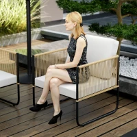 Outsunny Salon de jardin 4 pièces avec canapé 2 places, 2 fauteuils, 1 table basse en verre et coussins – crème blanc(m-8)