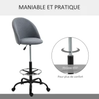 Vinsetto Chaise de bureau assise haute réglable 105-125H cm tabouret de bureau pivotant 360° lin gris(m-5)
