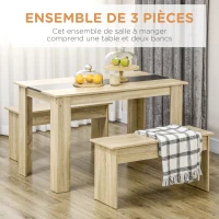 HOMCOM Ensemble table à manger 3 pièces avec 2 bancs encastrables pour 4 personnes style contemporain en bois(m-4)