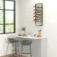 HOMCOM Raft de Perete pentru Sticle din Lemn și Oțel, Suport pentru 15 Sticle de Vin și 4 pahare, 35x25x86 cm, Natural(m-8)