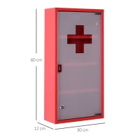 HOMCOM Armoire à Pharmacie 3 étagères 4 Niveaux verrouillable Porte Verre trempé dépoli Logo Croix 30L x 12l x 60H cm Acier Rouge(m-3)