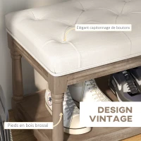HOMCOM Banc banquette capitonnée 2 niveaux étagère 115 cm Bout de lit Rembourrée en lin piètement Bois sculpté Lin Beige(m-4)