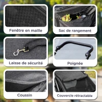 PawHut Poussette pour chien 4 roues légère et pliable, coussin lavable, laisse de sécurité, fenêtre à mailles multiples, gris(m-7)