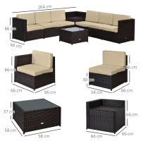 Outsunny 6-Seater Rattan Sofa Furniture Set W/Cushions, Steel Frame-Brown(m-3)