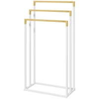 kleankin Toalheiro de Pé de 3 Níveis em Forma de Escada com 3 Barras de Bambu e Estrutura de Aço 45x22,5x86 cm Branco e Madeira(m-10)