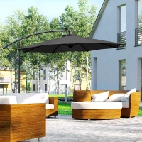 Outsunny 3m LED Patio Banana Umbrella Cantilever Parasol w/ Crank Cross Base Hanging Offset Umbrella Frame Steel  Aluminium Garden Table Outdoor Black(m-2)