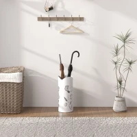 HOMCOM Suporte para Guarda Chuva em Aço com 4 Ganchos Bandeja de Gotejamento Amovível para Entrada ou Escritório Branco 17x17x41 cm(m-9)