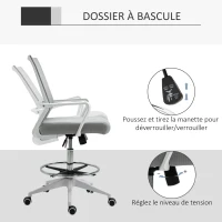 Vinsetto Fauteuil de bureau chaise de bureau assise haute réglable dim. 64L x 59l x 104-124H cm tabouret de bureau pivotant 360° maille respirante gris et blanc(m-5)