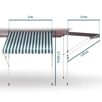 Outsunny Toldo Manual Retráctil 200x150x170-280 cm para Balcón y Terraza con Altura Ajustable con Manivela Rayas Verde y Blanco(m-3)