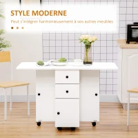 HOMCOM Table de cuisine pliable table à manger pliante 2 plateaux rabattables avec 2 tiroirs 1 placard blanc(m-4)