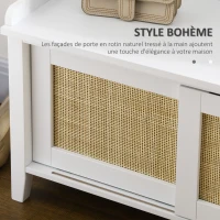 HOMCOM Banc à chaussures meuble de rangement avec porte coulissante et façades rotin tissé 80 x 35 x 45 cm blanc(m-4)